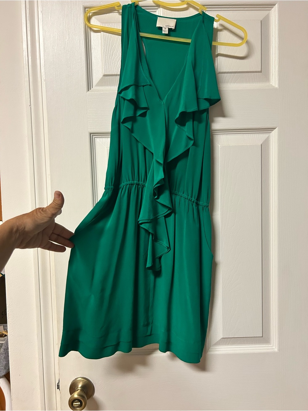 Greylin Emerald Green Ruffle V-Neck Mini Dress, size M